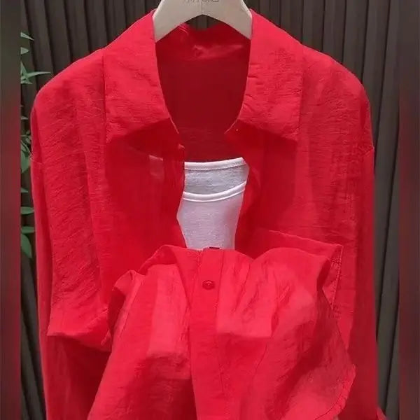Women's Red Polo Collar Long Sleeve Sun Protection Shirt French Style Lazy Casual Versatile Slim Fit Blouse Spring Autumn Tops