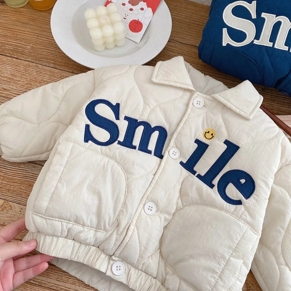 Winter Children's Clothing Baby Boys Smile Jacket Coats Kids Cotton Clothes Toddler Girls Lapel Outerwear Embroidery Tops 0-6Yrs