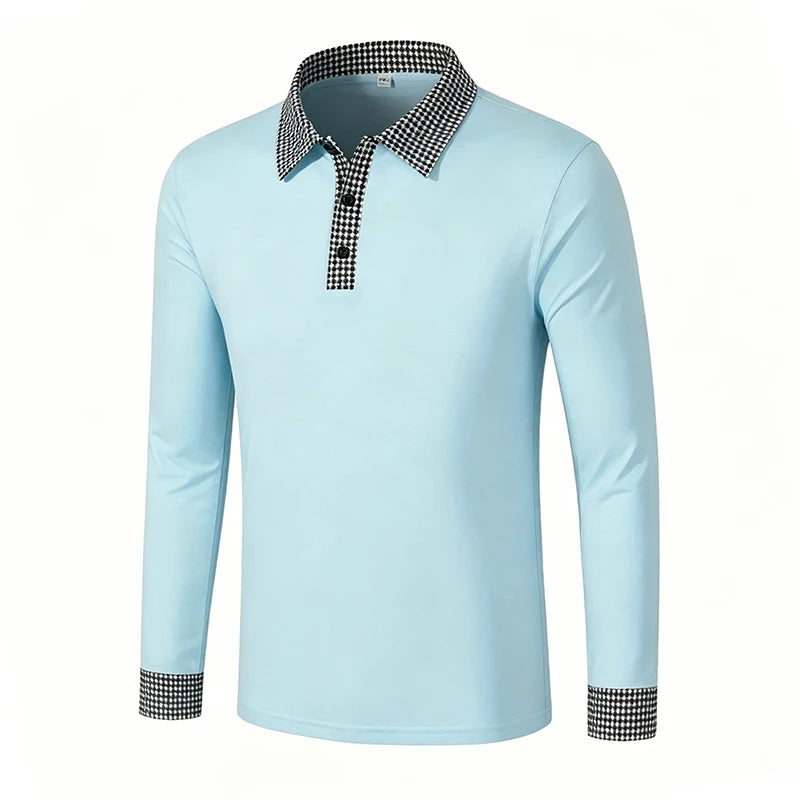 Men Contrast Plaid Lapel Long Sleeve Polo Shirt