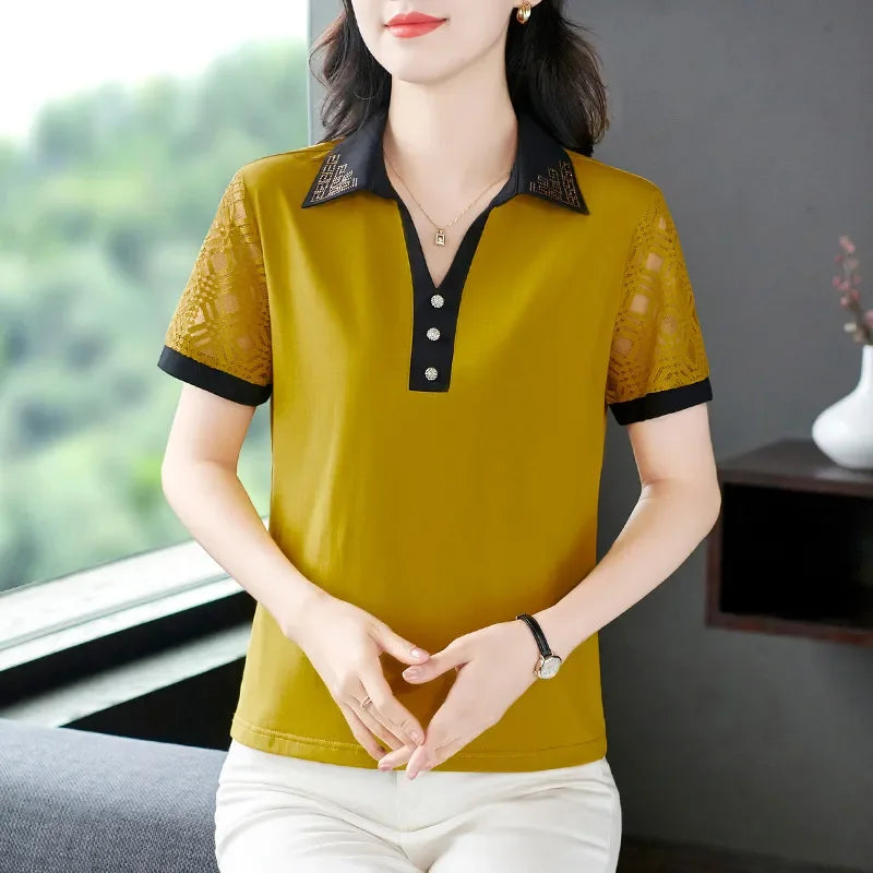 Elegant Lapel Hollow Lace Short Sleeve Polo Top Women Summer Loose Fit Mature Ladies Blouse