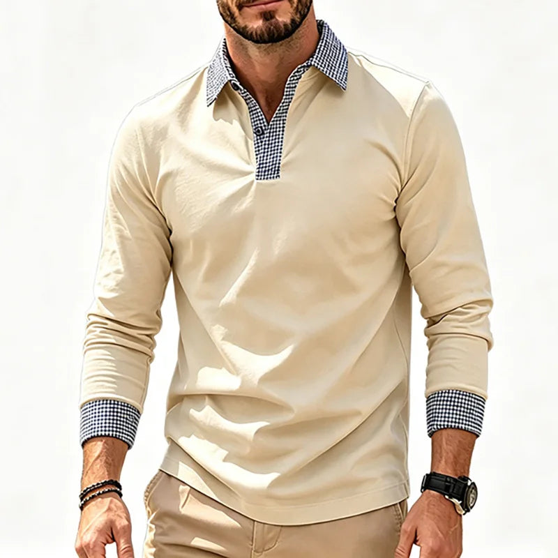 Men Contrast Plaid Lapel Long Sleeve Polo Shirt