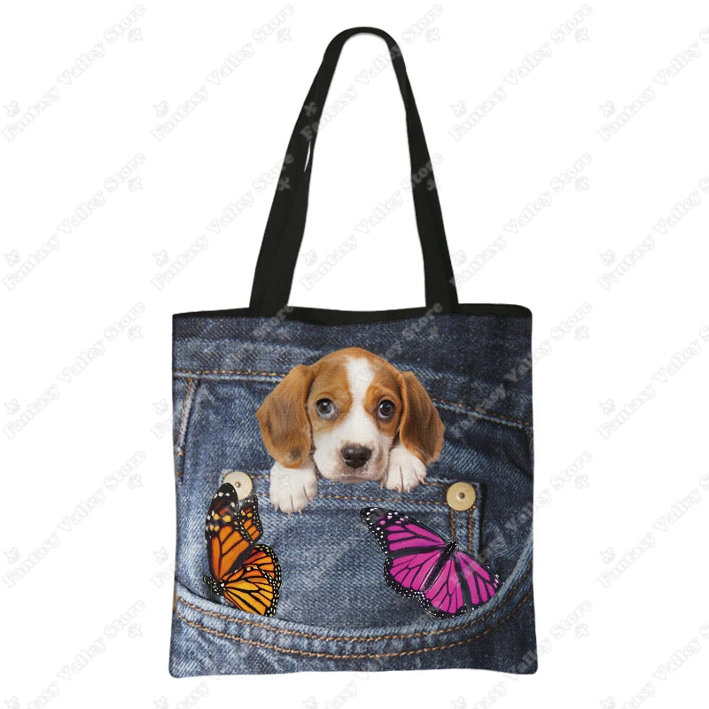 Funny Pocket Dog Shopping Bags Pet Bulldog Dachshund Beagle Schnauzer Dogs Tote Bag Large Capacity Storage Bag Women Handbag