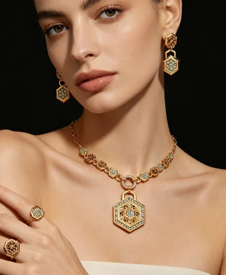 Vintage diamond Turquoise Jewelry Set  For Women Gold Pendant Necklace Earrings Ring Trendy Aesthetic Jewelry Accessories