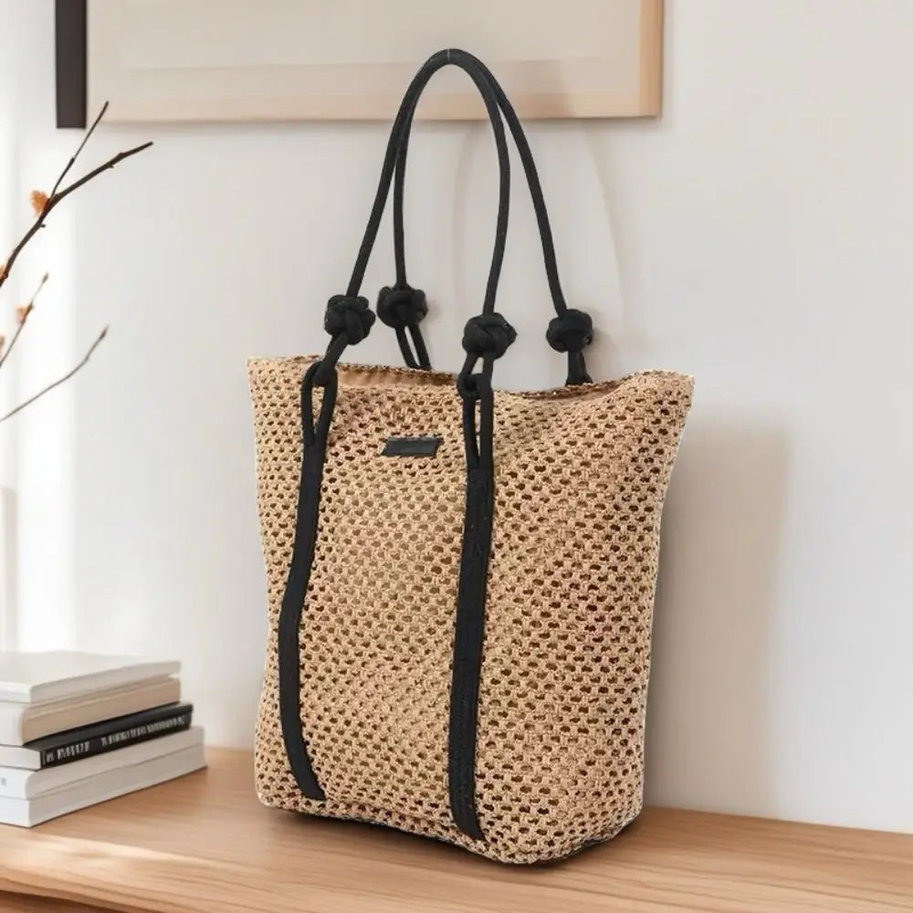 Handmade Straw Woven Bags Large Capacity Solid Color Shopping Tote Bag Portable Zipper Closure Weaving Underarm Bags Outing