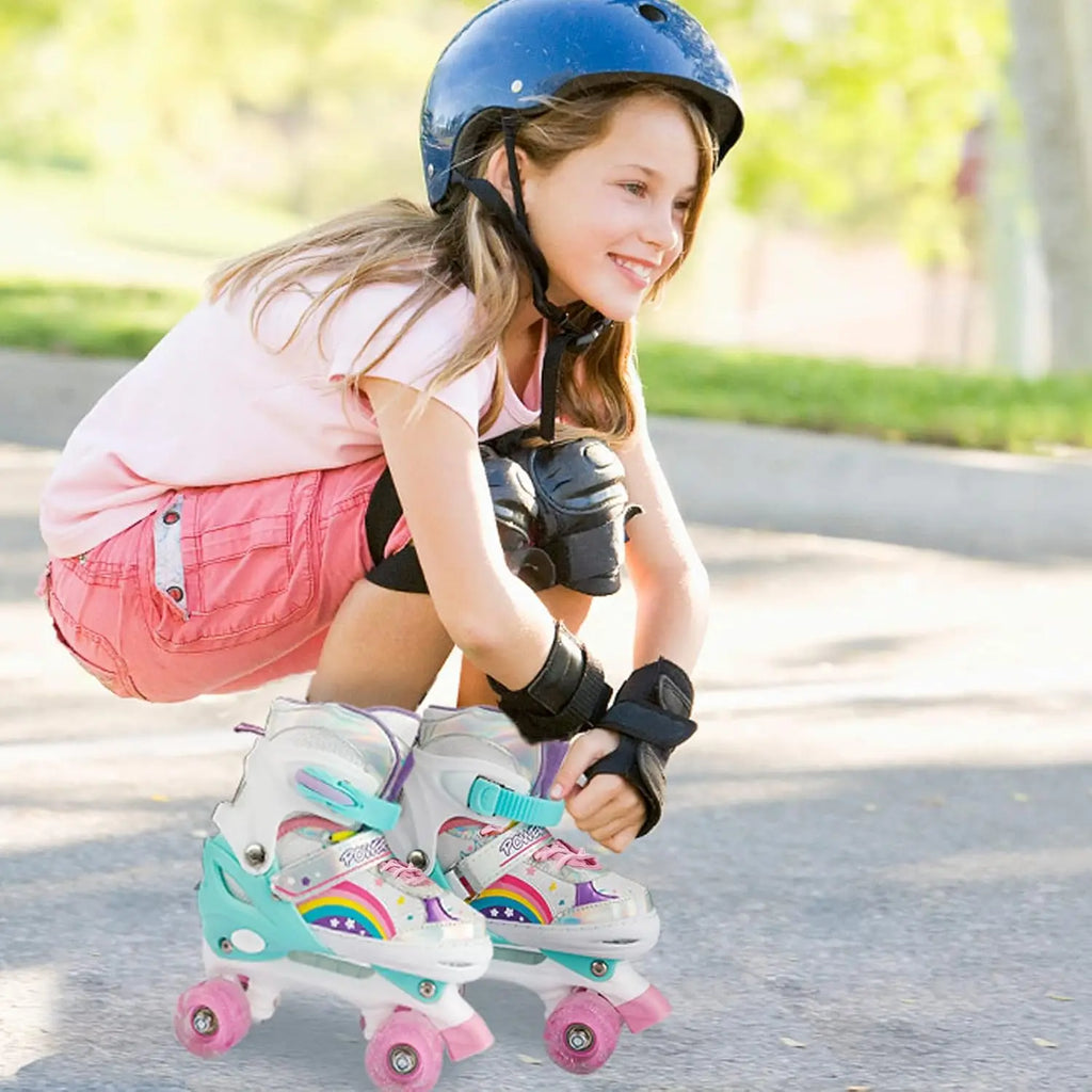 Boys Girls Kids Skates Children Roller Skates Skating Shoes Sliding Adjustable Quad Sneakers PU Flashing 4 Wheels Roller Skates
