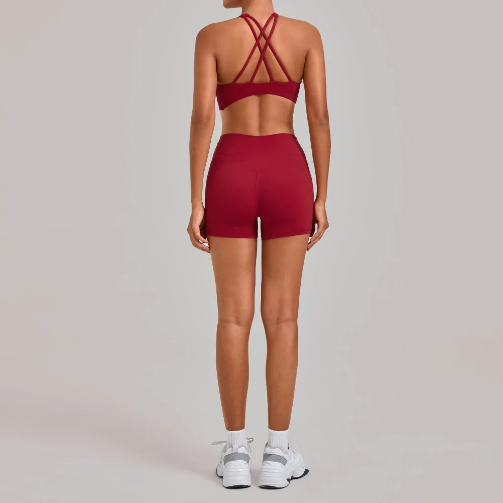 Gym Workout Clothing Detachable Chest Pad Cross Back Vest Yoga Shorts Sets Tight Quick-Dry Fitness Sports Shorts Suits for Women