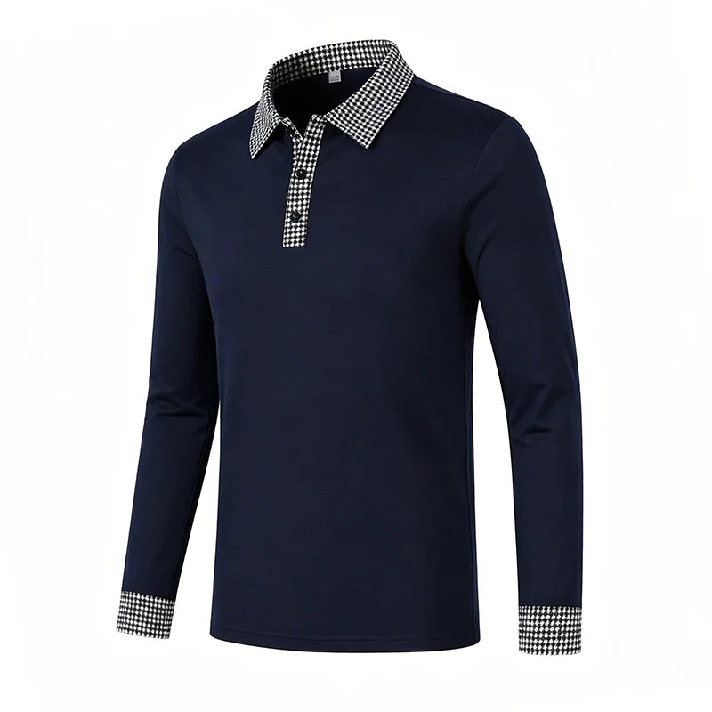 Men Contrast Plaid Lapel Long Sleeve Polo Shirt