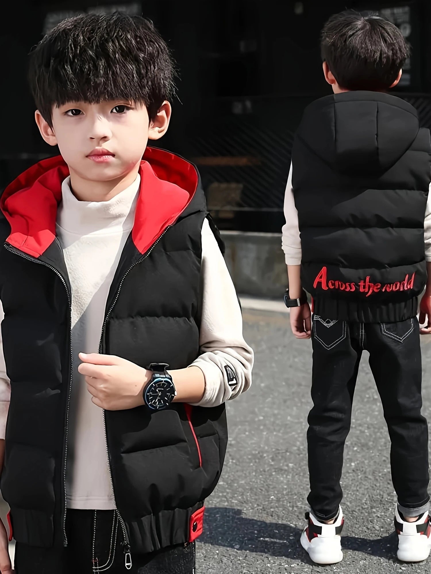 Children's Clothing Boys' Vest Autumn and Winter 2025 New Thickened Hooded Vest for Older Children Winter Style Vest 12 Years Old Trendy