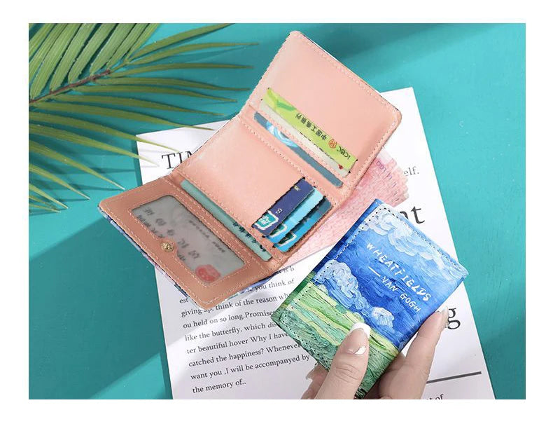 Van Gogh Painting Pattern Wallet Women Folding Leather Short Wallets Niche Design Bank Credit Card Holder Girl's Purse