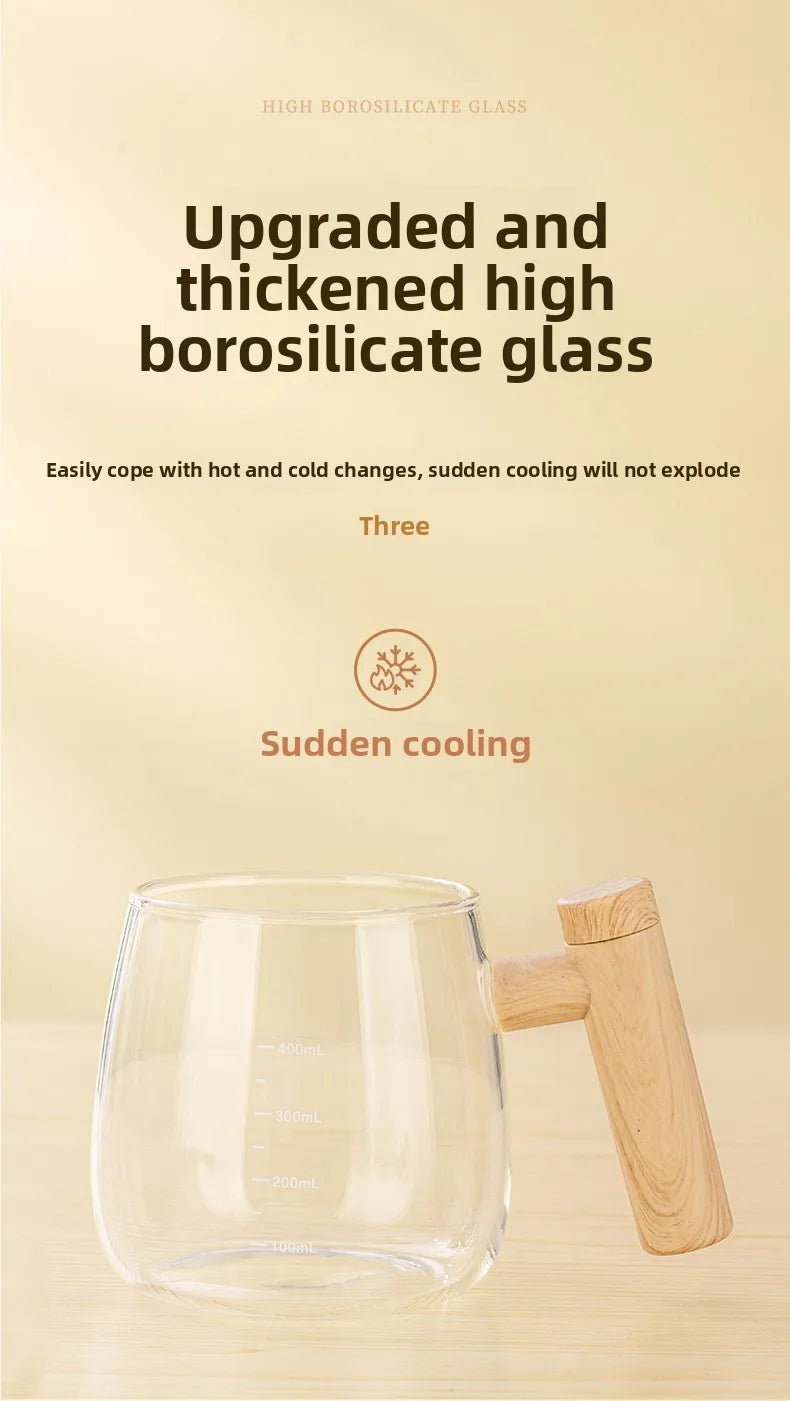 Self-stirring Coffee Cup Portable Electric Self Mixing Mug with Wooden Handle for Coffee Milk Rechargeable Automatic Glass Cup