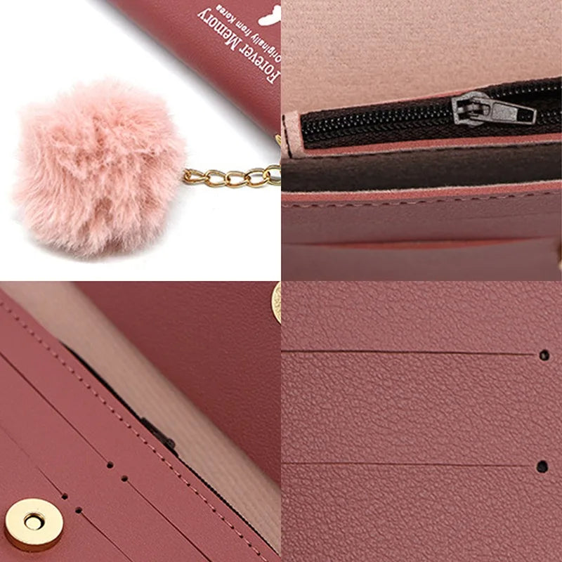 Fashionable New Women Long Wallets Pure Color Butterfly Wool Ball Bow Clutch Bag Women's Long Bag Card Bag Coin Purse Money Bag
