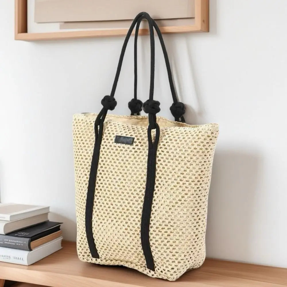 Handmade Straw Woven Bags Large Capacity Solid Color Shopping Tote Bag Portable Zipper Closure Weaving Underarm Bags Outing