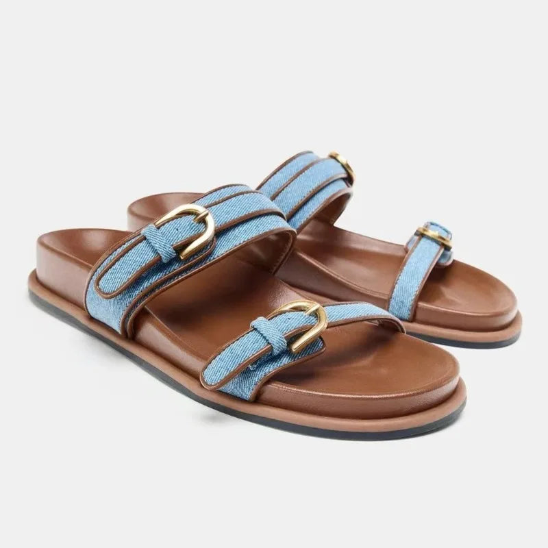 Summer Women's Platform Slippers Flat Shoes with Metal Buckle Decor Comfortable Non Slip Narrow Band Casual Shoes
