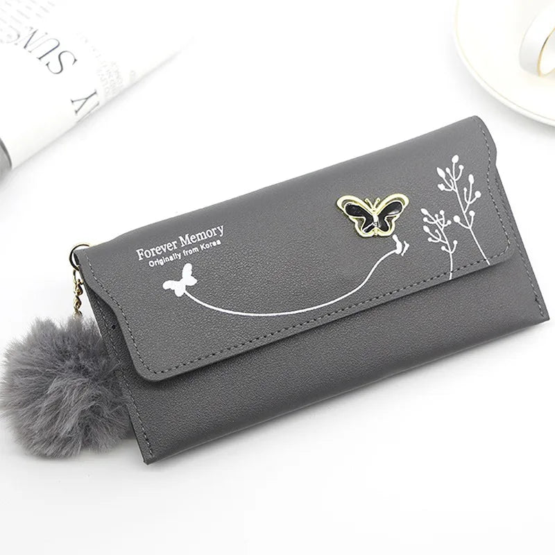 Fashionable New Women Long Wallets Pure Color Butterfly Wool Ball Bow Clutch Bag Women's Long Bag Card Bag Coin Purse Money Bag