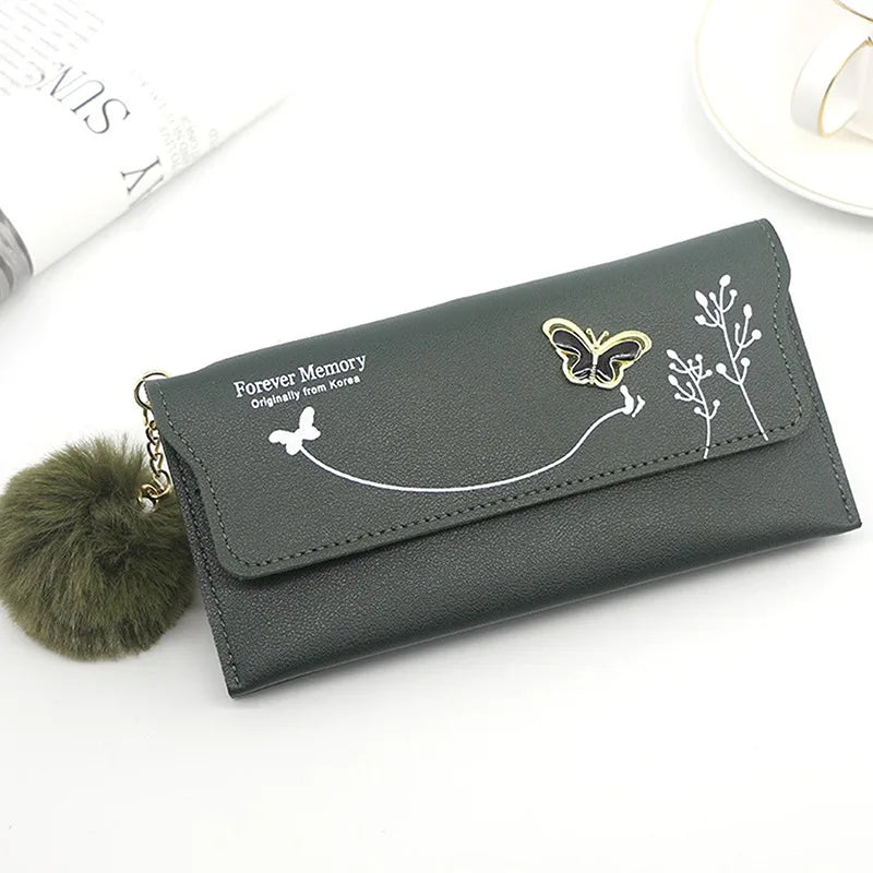 Fashionable New Women Long Wallets Pure Color Butterfly Wool Ball Bow Clutch Bag Women's Long Bag Card Bag Coin Purse Money Bag