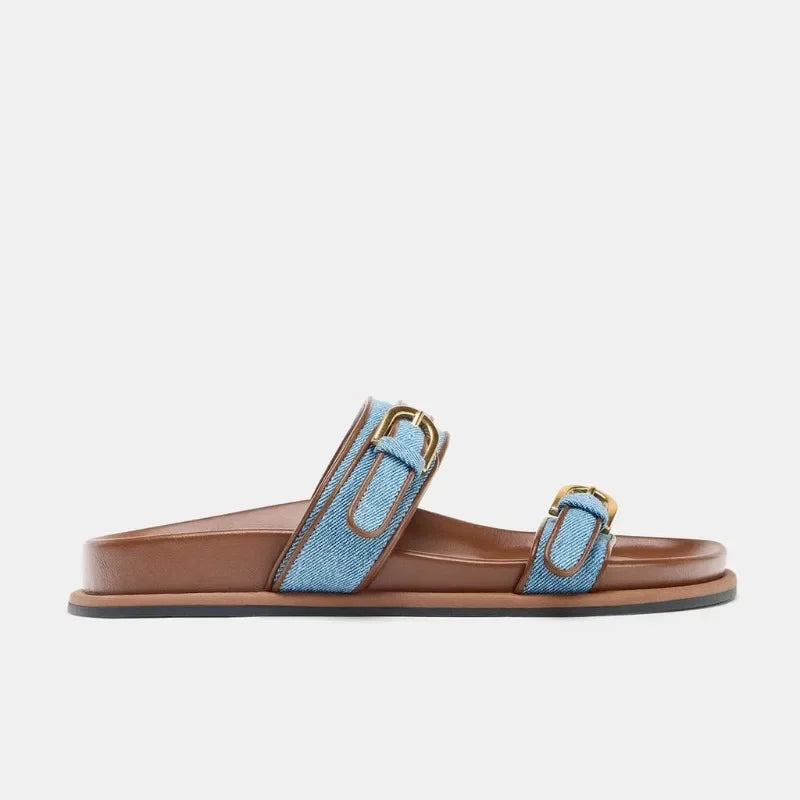 Summer Women's Platform Slippers Flat Shoes with Metal Buckle Decor Comfortable Non Slip Narrow Band Casual Shoes