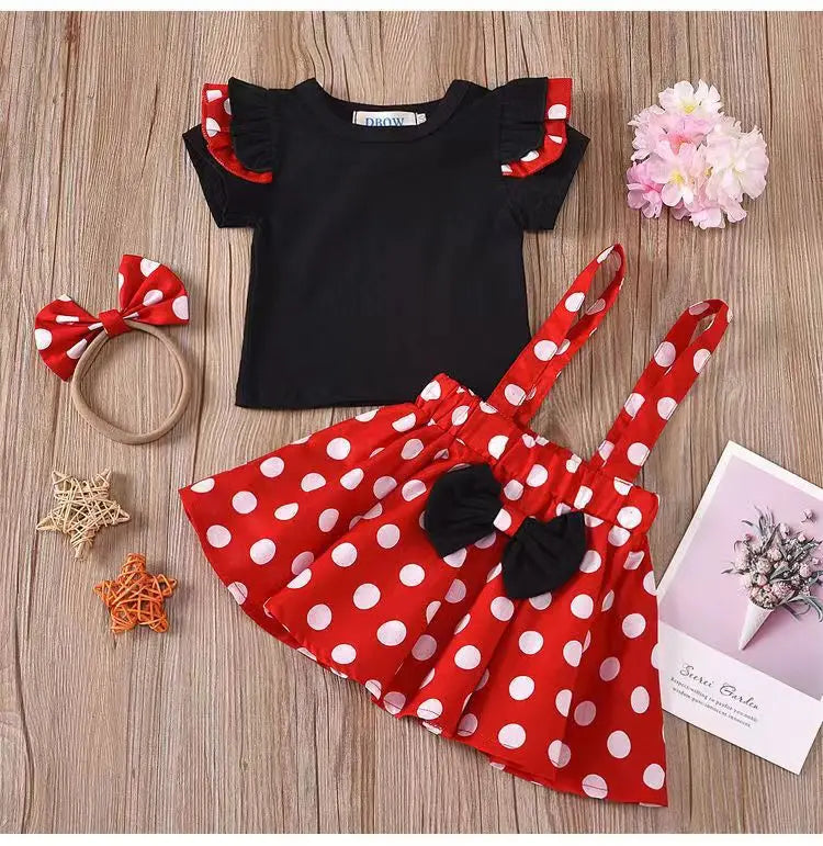 1-5 Years Children Outfit Baby Clothing Set Girl Summer Birthday Costume Kids Dots Tops Skirt Cosplay Dress with Headband
