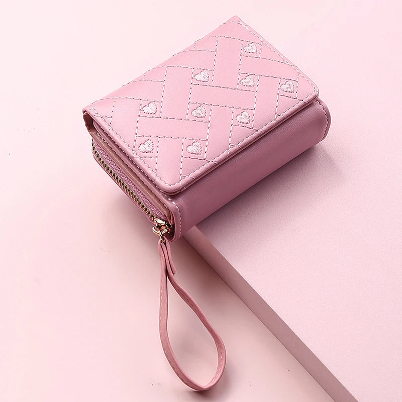 Women's Wallet Tri Fold Card Bag PU Multi Objects Pocket Short Fashion Embroidered Love Pattern Korean Minimalist New 2023