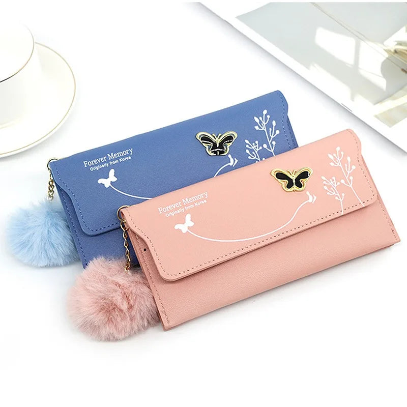 Fashionable New Women Long Wallets Pure Color Butterfly Wool Ball Bow Clutch Bag Women's Long Bag Card Bag Coin Purse Money Bag