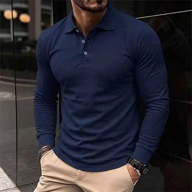 Men's Long Sleeve Henry Polo Shirts Spring Autumn Smart Casual Breathable Comfortable Polo Shirt Solid High Quality Male T-Shirt