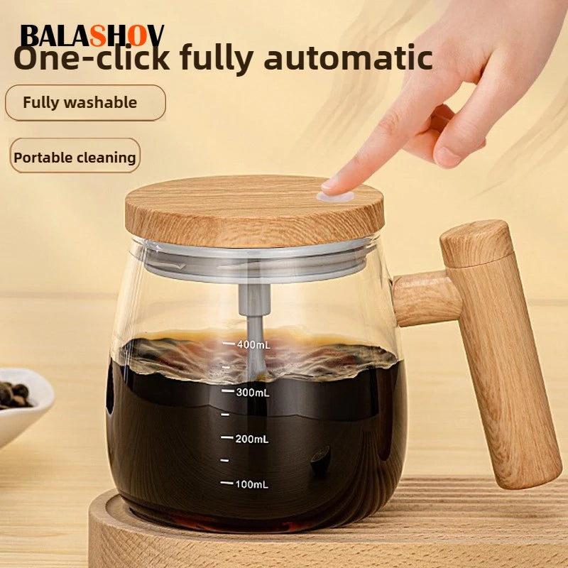 Self-stirring Coffee Cup Portable Electric Self Mixing Mug with Wooden Handle for Coffee Milk Rechargeable Automatic Glass Cup