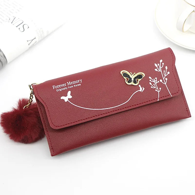 Fashionable New Women Long Wallets Pure Color Butterfly Wool Ball Bow Clutch Bag Women's Long Bag Card Bag Coin Purse Money Bag