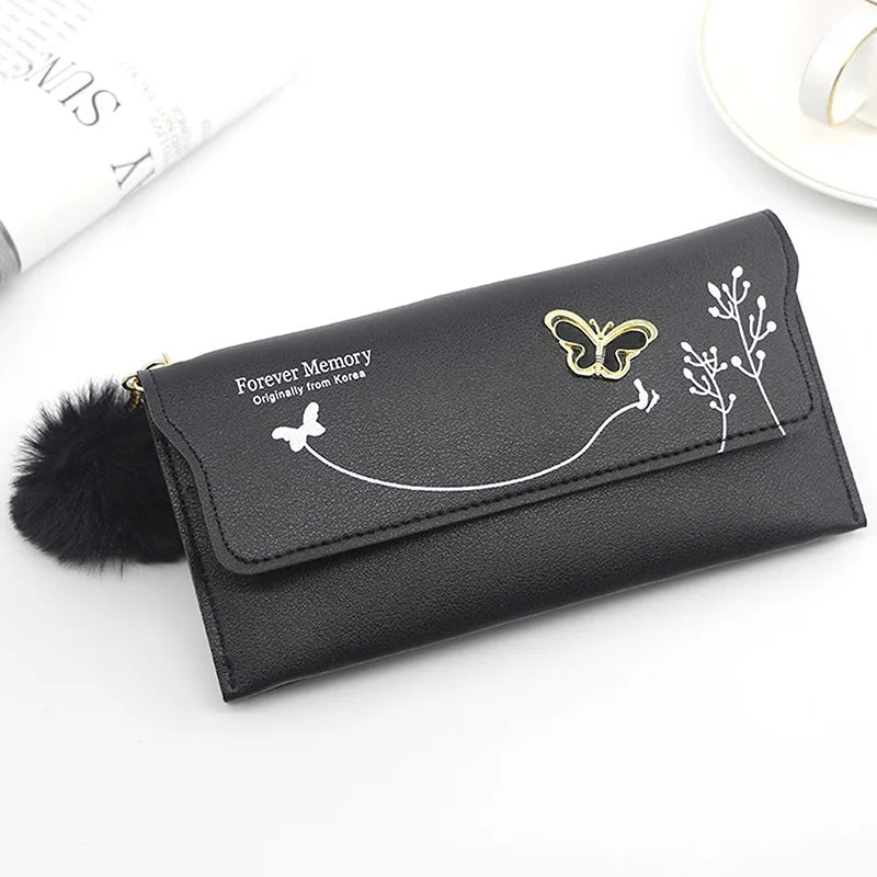 Fashionable New Women Long Wallets Pure Color Butterfly Wool Ball Bow Clutch Bag Women's Long Bag Card Bag Coin Purse Money Bag