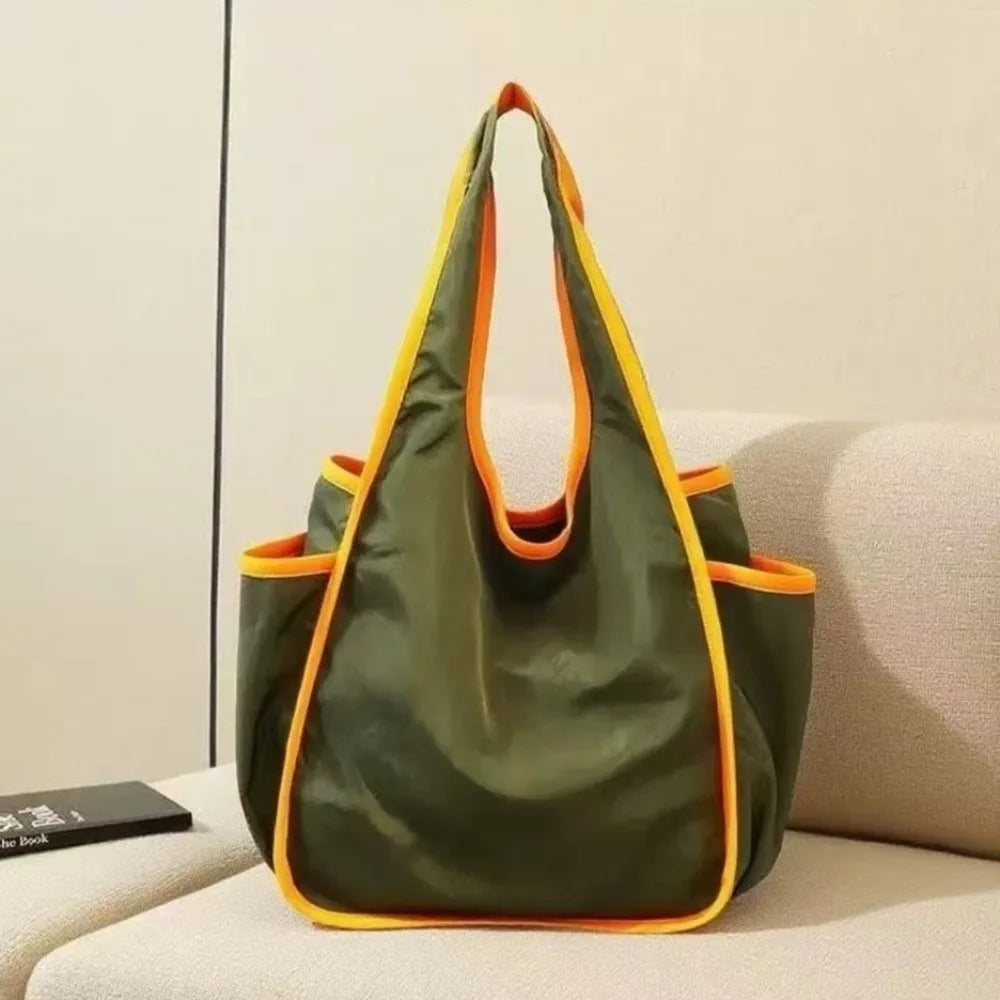 Reusable Large Capacity Shopping Bag Waterproof Foldable Tote Bag Color Blocking Polyester Eco-Friendly Bag Grocery