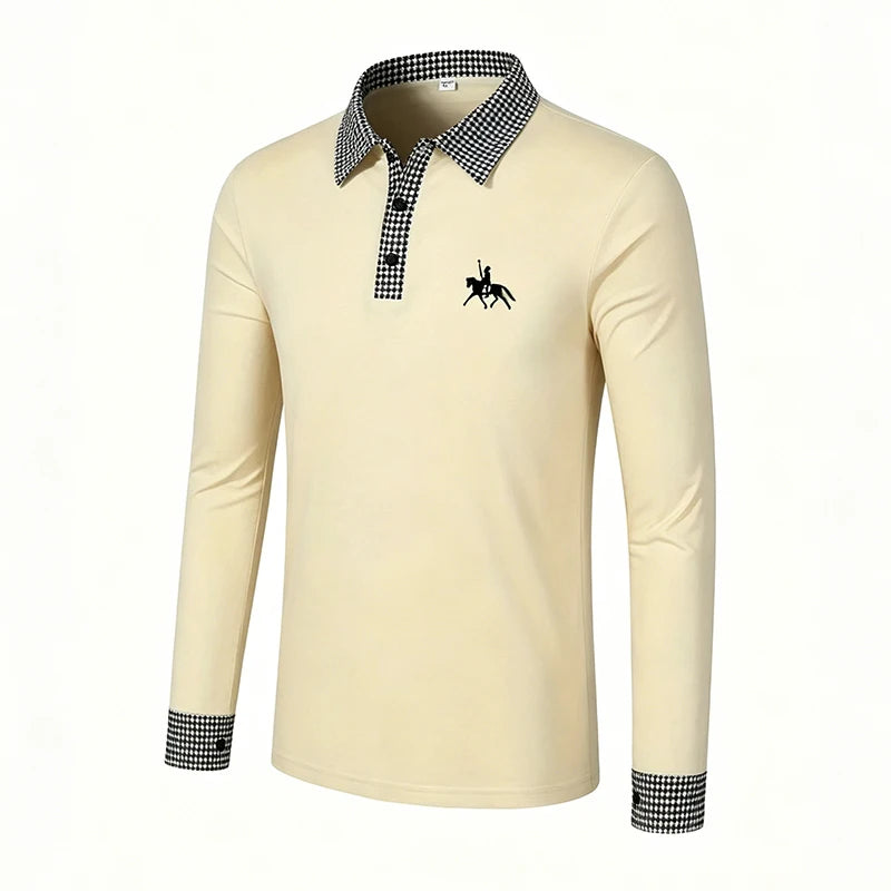 Men Contrast Plaid Lapel Long Sleeve Polo Shirt