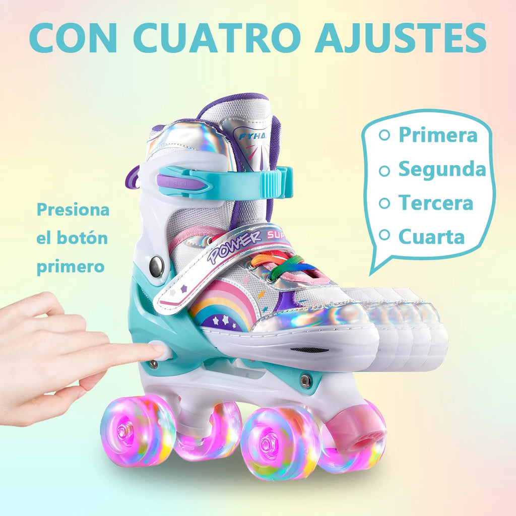 Boys Girls Kids Skates Children Roller Skates Skating Shoes Sliding Adjustable Quad Sneakers PU Flashing 4 Wheels Roller Skates