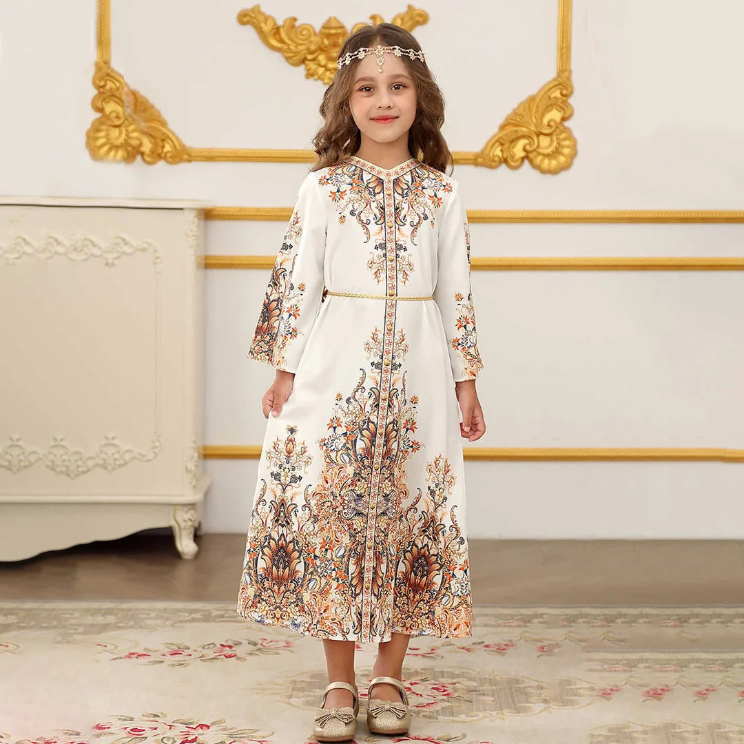 Children's Clothing Arabian Turkish Robes Girls Long Sleeve Floral Dress For Kids Muslim Festive Formal Ceremony Banquet Dress