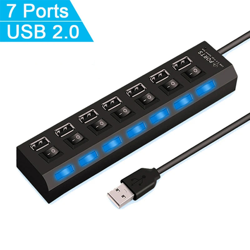 USB Switch Extension HUB 7 Ports USB 2.0 Hub Computer USB Extension Hub USB 2.0 Splitter Accessories With LED Switch For Desktop