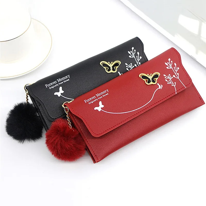 Fashionable New Women Long Wallets Pure Color Butterfly Wool Ball Bow Clutch Bag Women's Long Bag Card Bag Coin Purse Money Bag