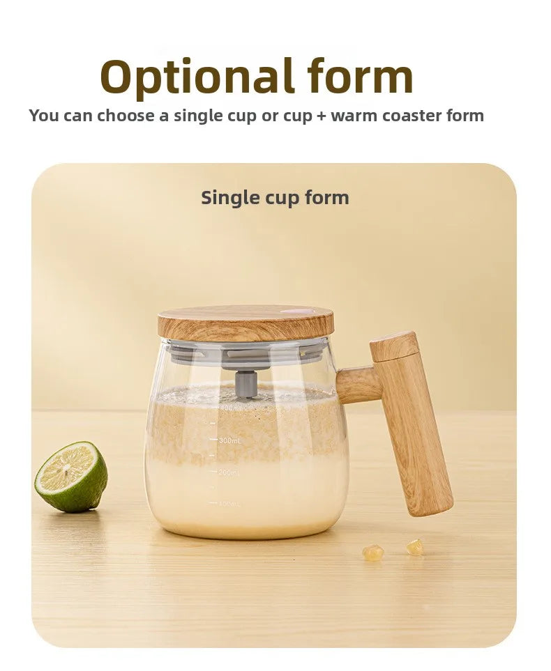 Self-stirring Coffee Cup Portable Electric Self Mixing Mug with Wooden Handle for Coffee Milk Rechargeable Automatic Glass Cup