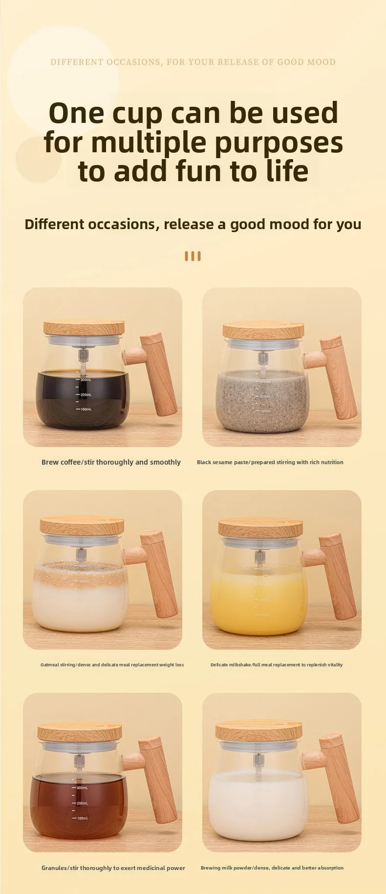 Self-stirring Coffee Cup Portable Electric Self Mixing Mug with Wooden Handle for Coffee Milk Rechargeable Automatic Glass Cup