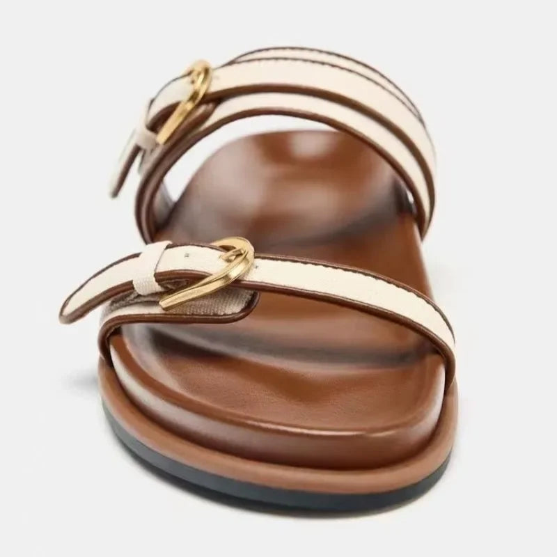 Summer Women's Platform Slippers Flat Shoes with Metal Buckle Decor Comfortable Non Slip Narrow Band Casual Shoes