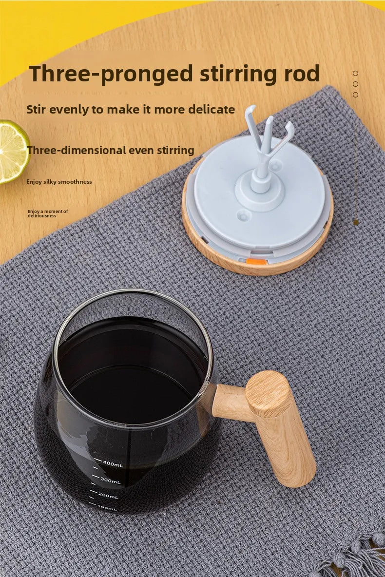 Self-stirring Coffee Cup Portable Electric Self Mixing Mug with Wooden Handle for Coffee Milk Rechargeable Automatic Glass Cup