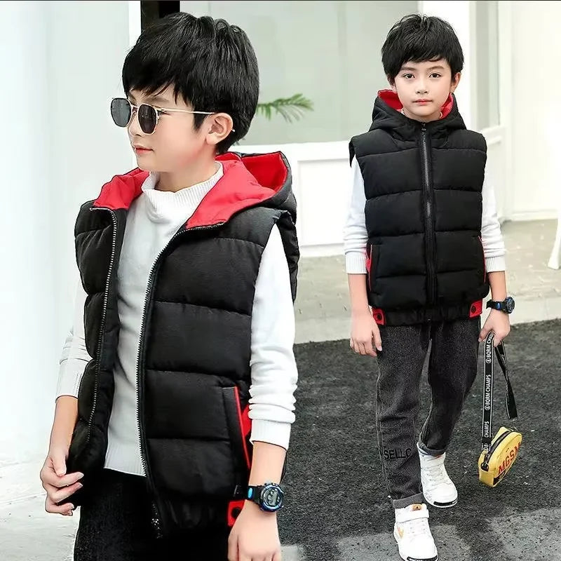 Children's Clothing Boys' Vest Autumn and Winter 2025 New Thickened Hooded Vest for Older Children Winter Style Vest 12 Years Old Trendy