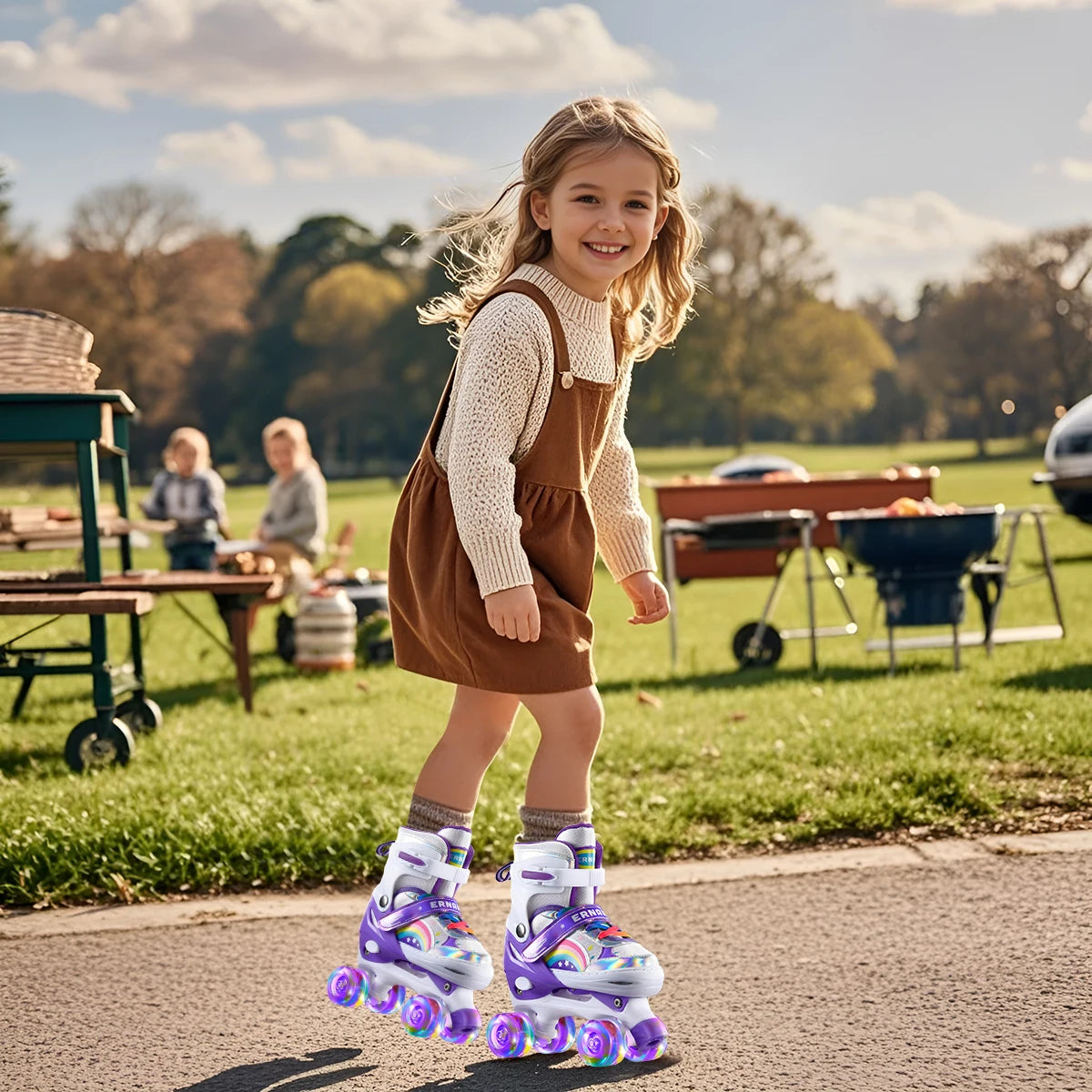 Boys Girls Kids Skates Children Roller Skates Skating Shoes Sliding Adjustable Quad Sneakers PU Flashing 4 Wheels Roller Skates