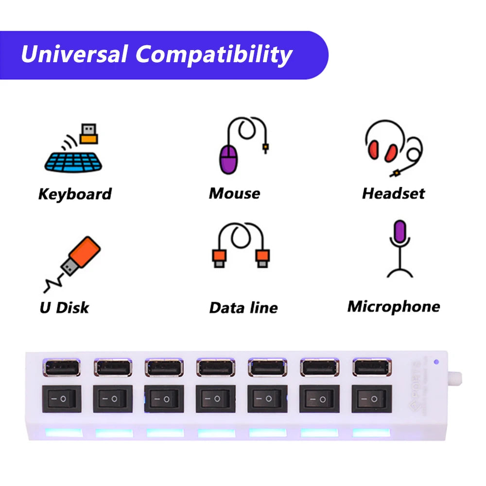 USB Switch Extension HUB 7 Ports USB 2.0 Hub Computer USB Extension Hub USB 2.0 Splitter Accessories With LED Switch For Desktop