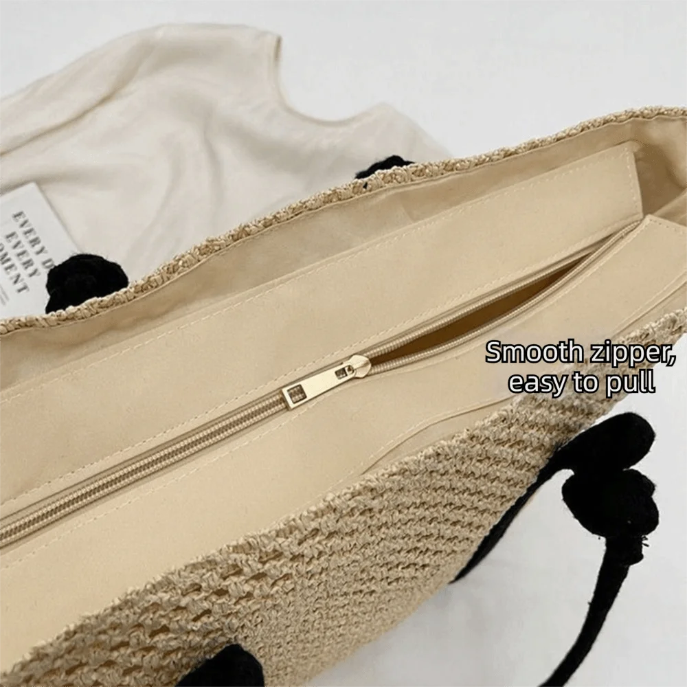 Handmade Straw Woven Bags Large Capacity Solid Color Shopping Tote Bag Portable Zipper Closure Weaving Underarm Bags Outing
