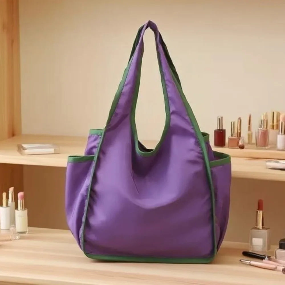 Reusable Large Capacity Shopping Bag Waterproof Foldable Tote Bag Color Blocking Polyester Eco-Friendly Bag Grocery