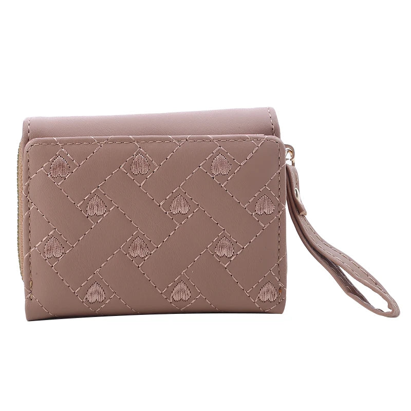 Women's Wallet Tri Fold Card Bag PU Multi Objects Pocket Short Fashion Embroidered Love Pattern Korean Minimalist New 2023