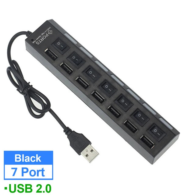 USB Switch Extension HUB 7 Ports USB 2.0 Hub Computer USB Extension Hub USB 2.0 Splitter Accessories With LED Switch For Desktop