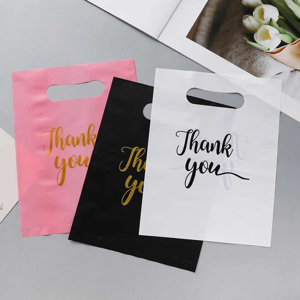 50pcs PE Shopping Bags with "Thank You" Print Foldable Plastic Bags for Gifts Jewelry Accessories Packaging Shopping Handbags