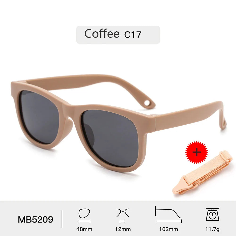 Kids Polarized Sunglasses Bendable Flexible Sunglasses with Strap Children Square Silicone Frame Mirrored UV400 Eyewear