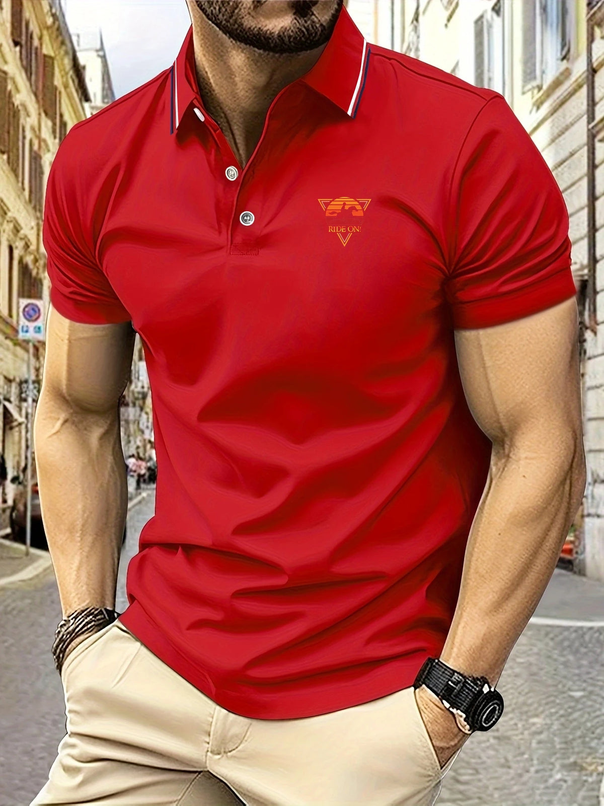 Polo Shirt Man RIDE ON! Graphic Print Summer Casual Breathable Striped Collar High Quality Men's Short Sleeve T-Shirt