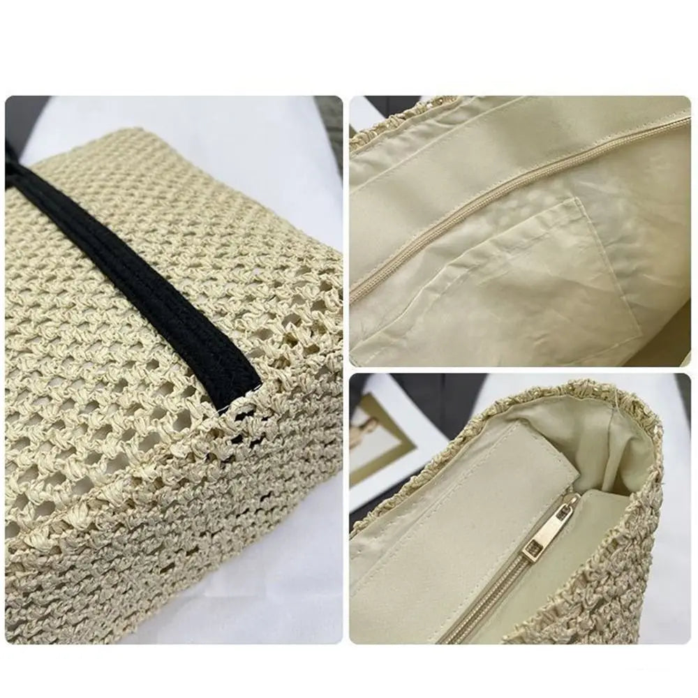 Handmade Straw Woven Bags Large Capacity Solid Color Shopping Tote Bag Portable Zipper Closure Weaving Underarm Bags Outing