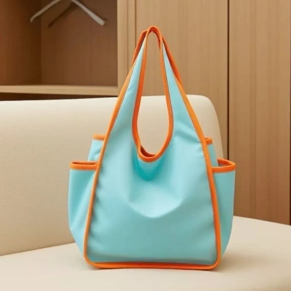 Reusable Large Capacity Shopping Bag Waterproof Foldable Tote Bag Color Blocking Polyester Eco-Friendly Bag Grocery