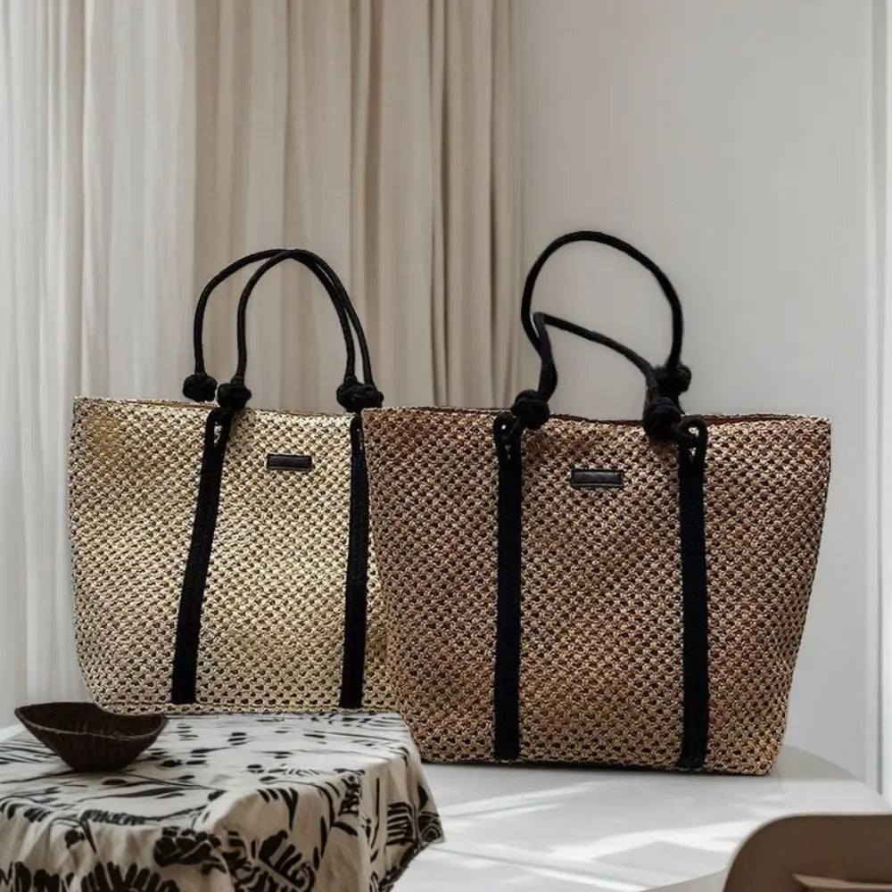 Handmade Straw Woven Bags Large Capacity Solid Color Shopping Tote Bag Portable Zipper Closure Weaving Underarm Bags Outing